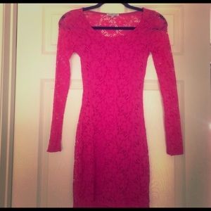 Sexy Hot Pink Lace Long Sleeve Open Back Dress